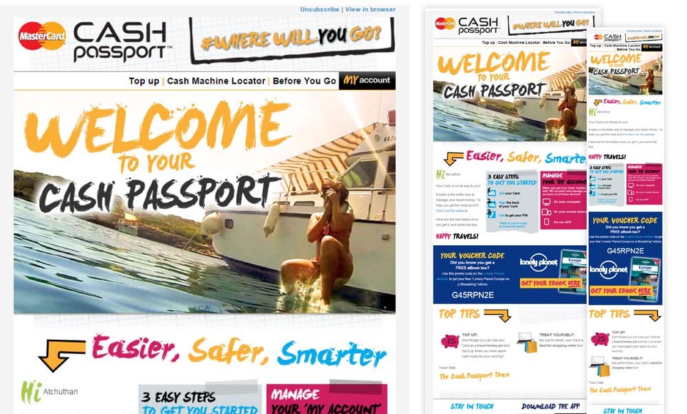 MasterCard Young Traveller Cash Passport Welcome Email